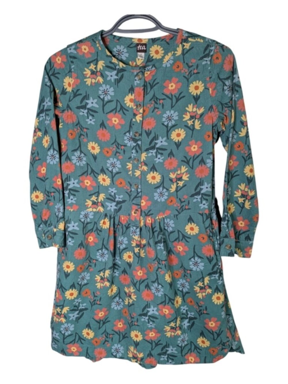 Tea Collection Long Sleeve Teal/Green Corduroy Dress Floral Size 12